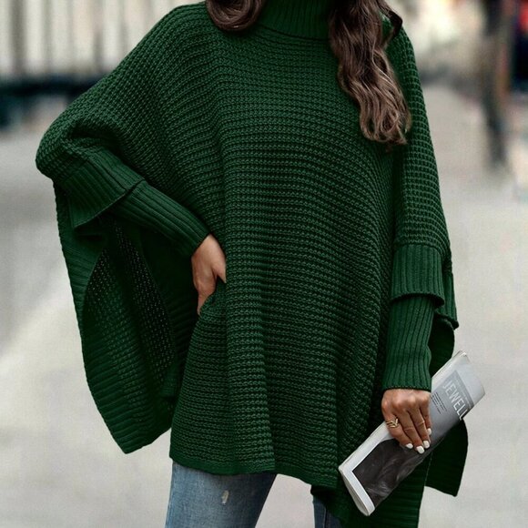 Dark Green Casual Women's Turtleneck Batwing Sleeve Poncho Sweater top - Picture 4 of 7